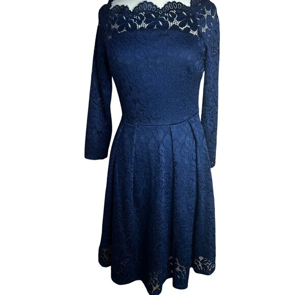 Missmay Navy Blue Lace Long Sleeve Cocktail Dress L Women Elegant Fit Homecoming - Picture 5 of 16